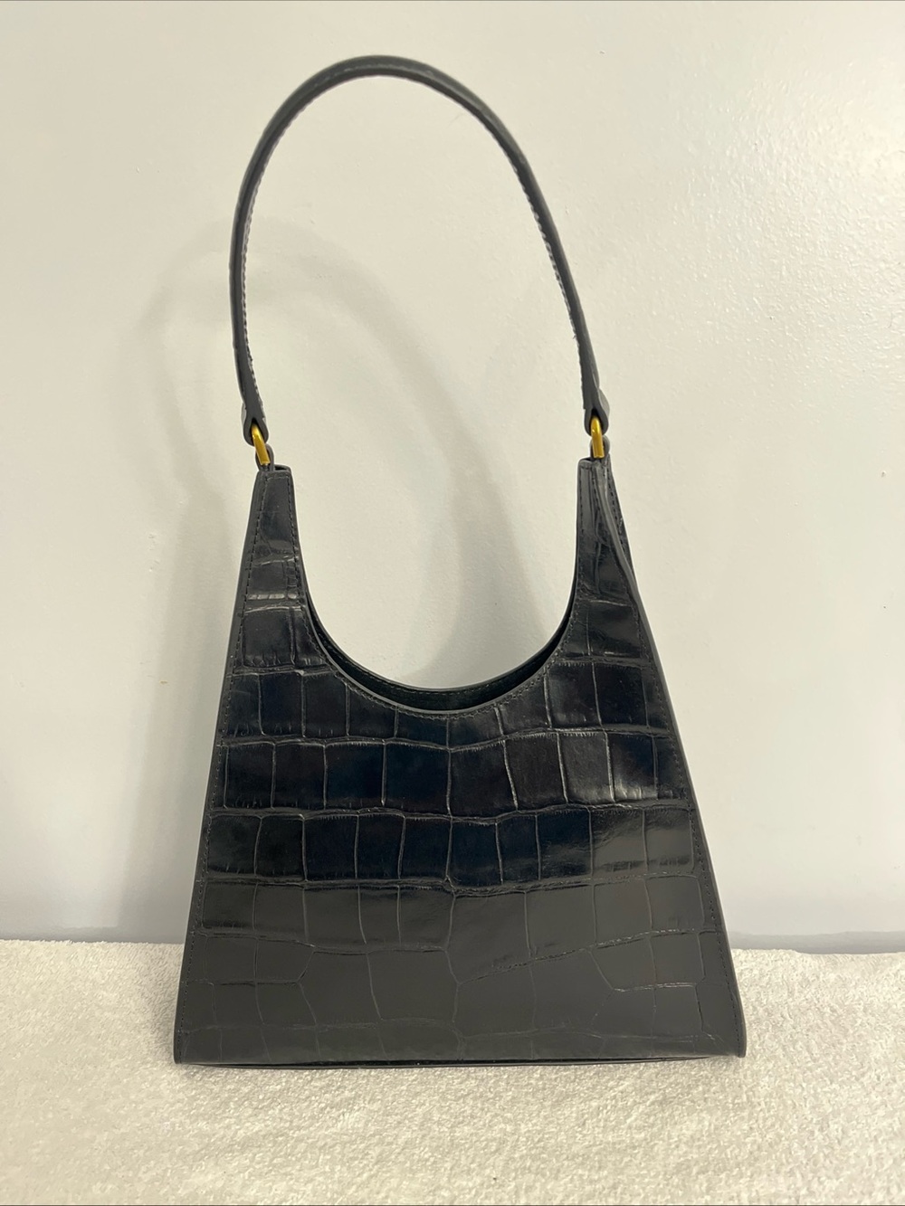 STAUD Rey Black Croc Embossed Leather Shoulder Bag Triangle Hobo Modern Classic